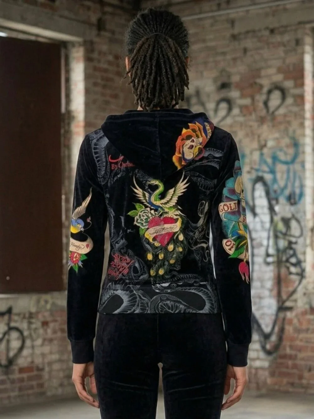 VTG Ed Hardy Black Velour Zip Up Tattoo Hoodie | McBling Indie Sleaze Trashy Y2K - Picture 5 of 16